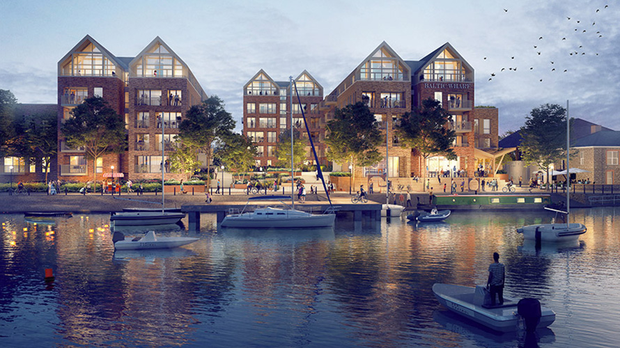 Artistic impression of the new neighbourhood at Baltic Wharf - view from otherside of river.