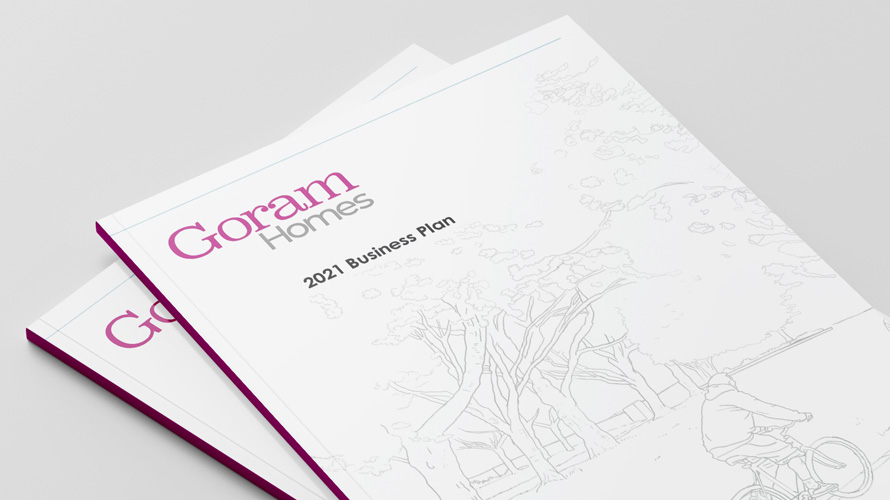 Cover of Goram Homes 2021 Business Plan - Outline drawing of cyclist riding alongside row of trees.