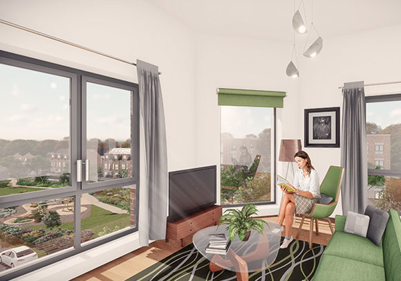 Artistic impression of Romney House apartment living space with aerial views from windows.