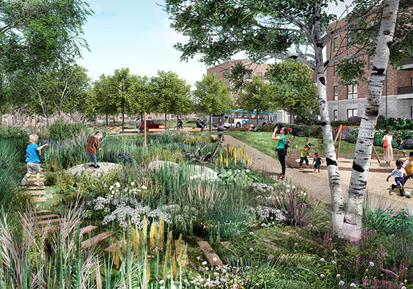 Artistic impression of the new neighbourhood at Romney House. Families and kids playing in landscaped green area.