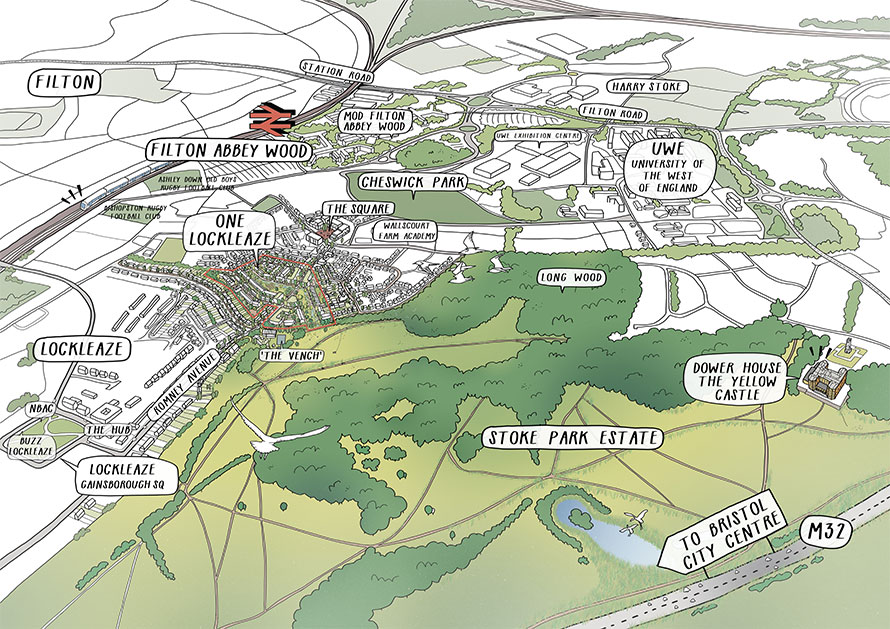 Romney House illustration aerial view with outline of development and surrounding area.