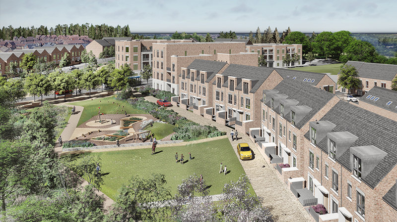 CGI image showing what the park at the centre of the new Lockleaze development could look like. Houses along the right hand side of a central green square, with trees and play facilities.