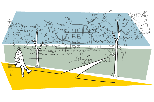 Illustration outline of new development in the distance with trees and someone sat on a park bench in the foreground.