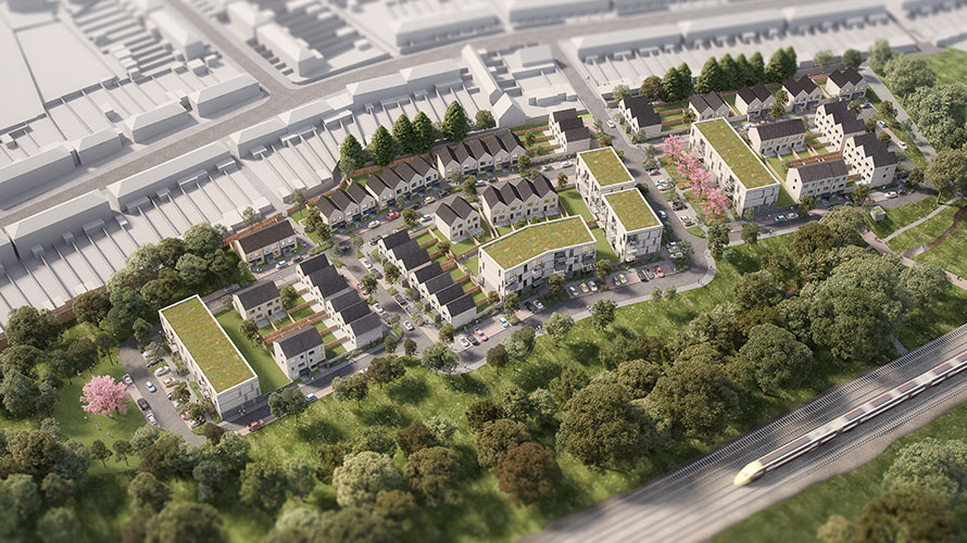 Artistic impression of the new neighbourhood at Dovercourt Road - aerial view