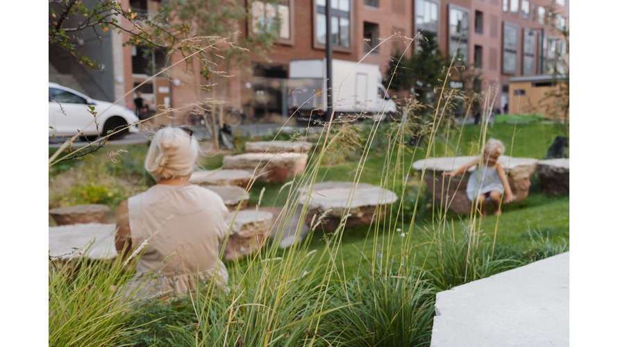 A woman and a child sitting outside - you can see the back of the woman's head. She it sitting on a rock in a landscaped garden with long grasses in the foreground. You can see a housing development in the background,