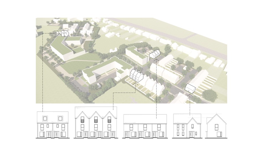 a computer generated image showing the elevation of proposed houses on the plan. The houses are shown in different heights and styles.