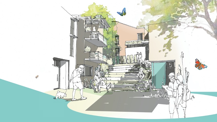 CGI image of part of a future Novers Hill development - with steps going up to buildings, people shown on bikes and standing, trees and butterflies in the foreground