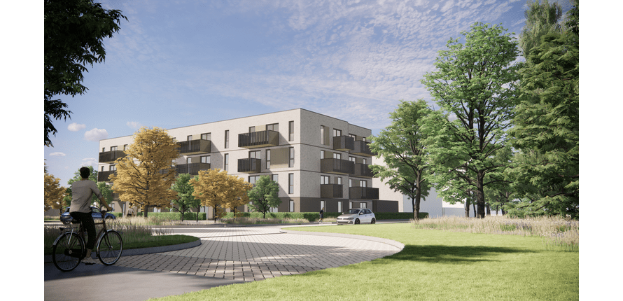 CGI representation of the apartment block at Dovercourt Rd. Trees in foreground and person riding a bike. The building is a pale render with dark brown balconies and has four floors