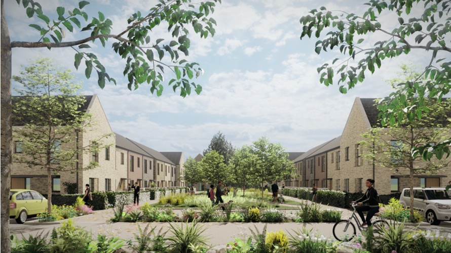 CGI image of what Hengrove Pk might look like. Homes on either side, blue sky with white clouds and leafy trees in the foreground. There's a green square in the middle with pedestrians and a woman on a bike.