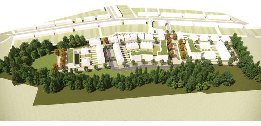 A CGI image of the development from above, showing trees around the front and side edges, and the buildings in white