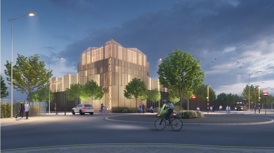 CGI representation of the new energy centre at dusk with bikes in the foreground.
