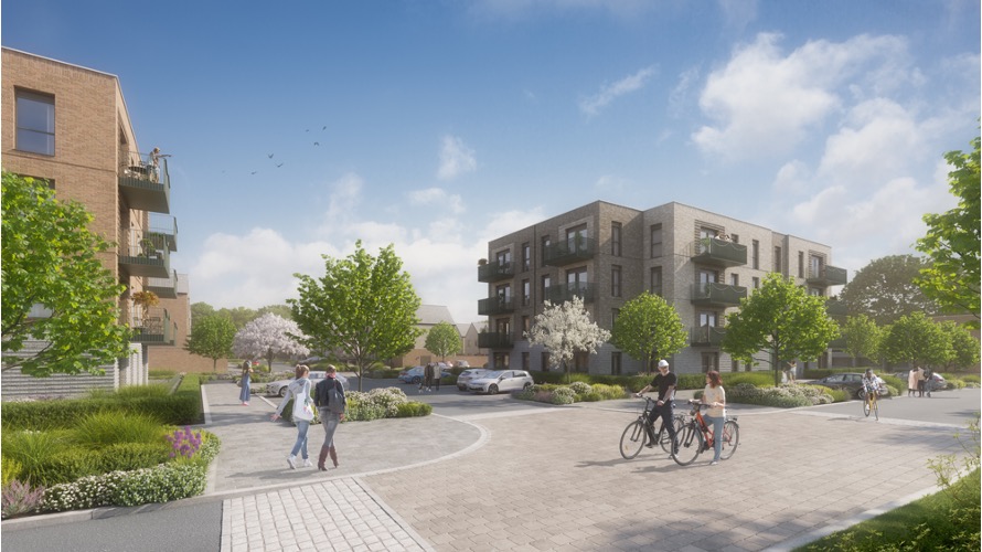 CGI image of what part of Phase 1 at Hengrove park could look like. two apartment blocks with balconies on each side of a square with trees, pedestrians and people on bikes. Blue sky.
