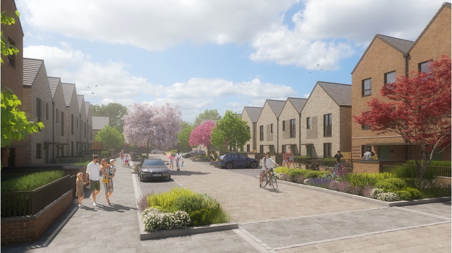 CGI representation of one of the streets in Hengrove Park. Houses on each side of a leafy street, with blossom trees and pedestrians