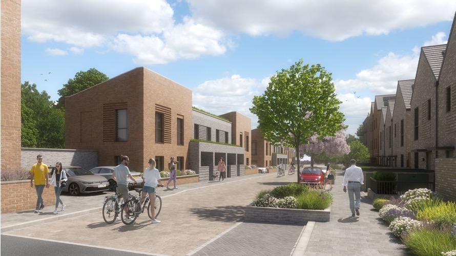 CGI of homes at Hengrove park. A row of brown brick houses on the left and right with trees in the middle and and cyclists riding through