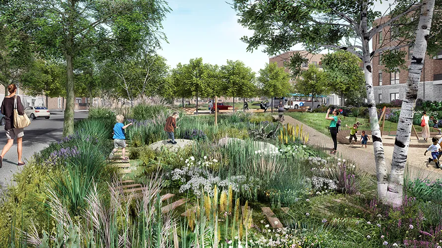 CGI representation of One Lockleaze park area, with trees and vibrant green planted areas in the foreground.