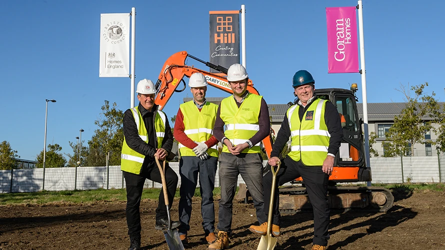 Cllr Tom Renhard breaks ground at Hengrove Park Bookends, with our MD Stephen Baker and development partner The Hill Group.