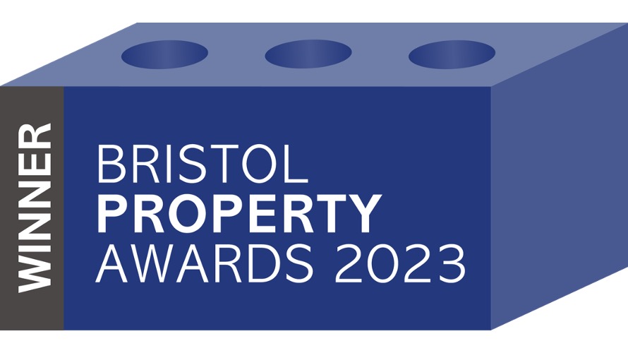 Bristol Property Awards winner logo - blue brick with the words "Bristol Property Awards 2023" in white text. The word winner runs down the left hand side.