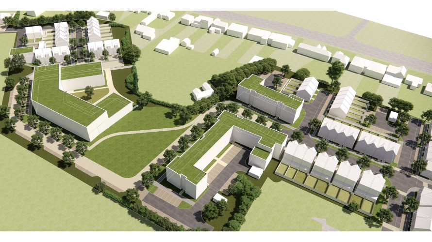 CGI image of a birds eye view of our development at New Fosseway Road. Apartment blocks and houses shown as white blocks with green space and trees surrounding them. The apartment blocks have green rooves.