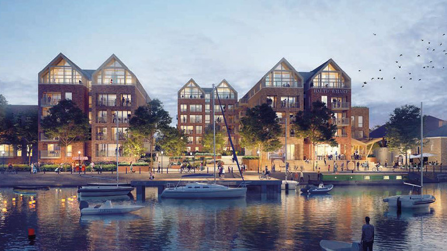 artist impression of Baltic Wharf at night - view from across the Harbour
